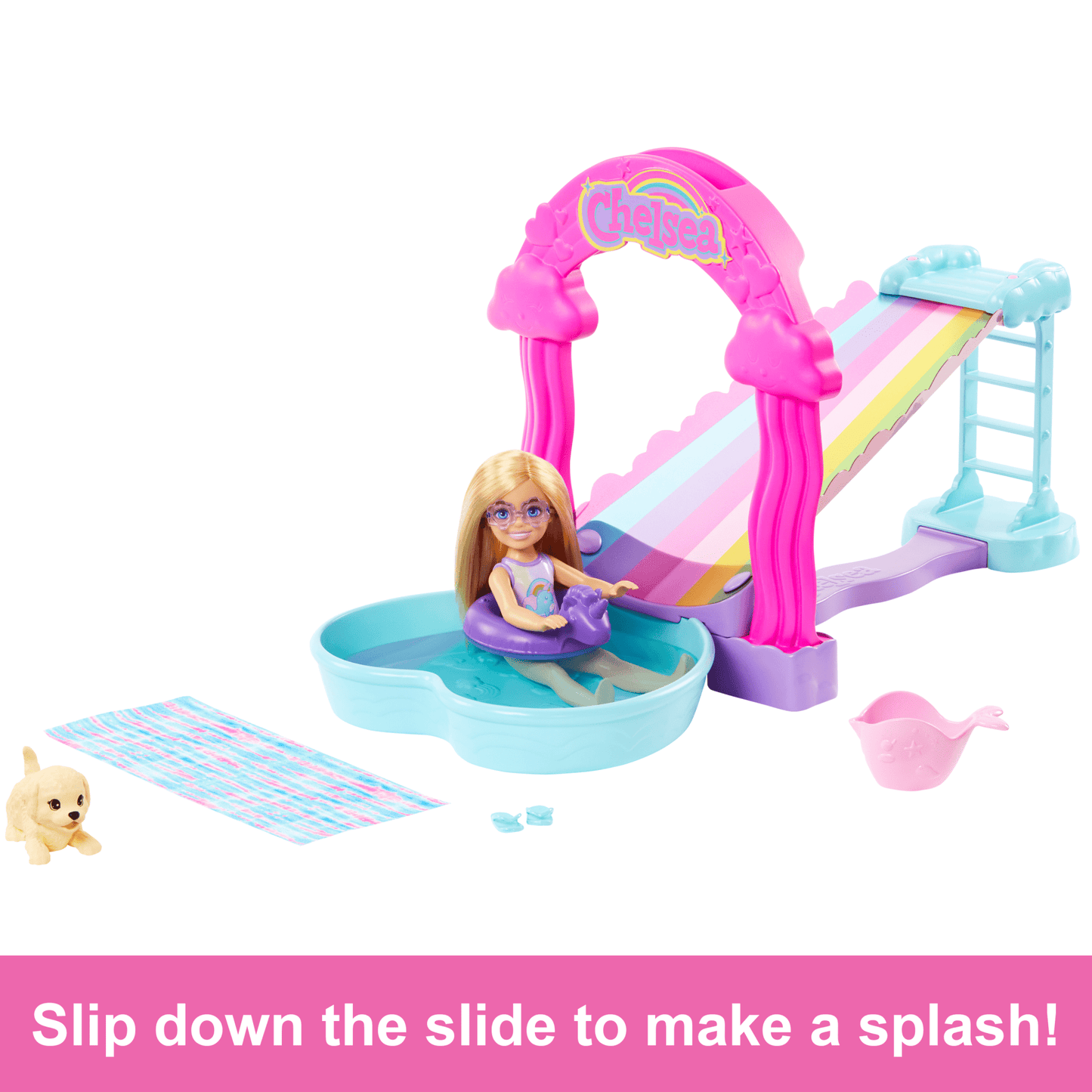 Barbie Chelsea Rainbow ¡°Raining¡± Water Slide Toy Playset With Doll, Pup, & Accessories
