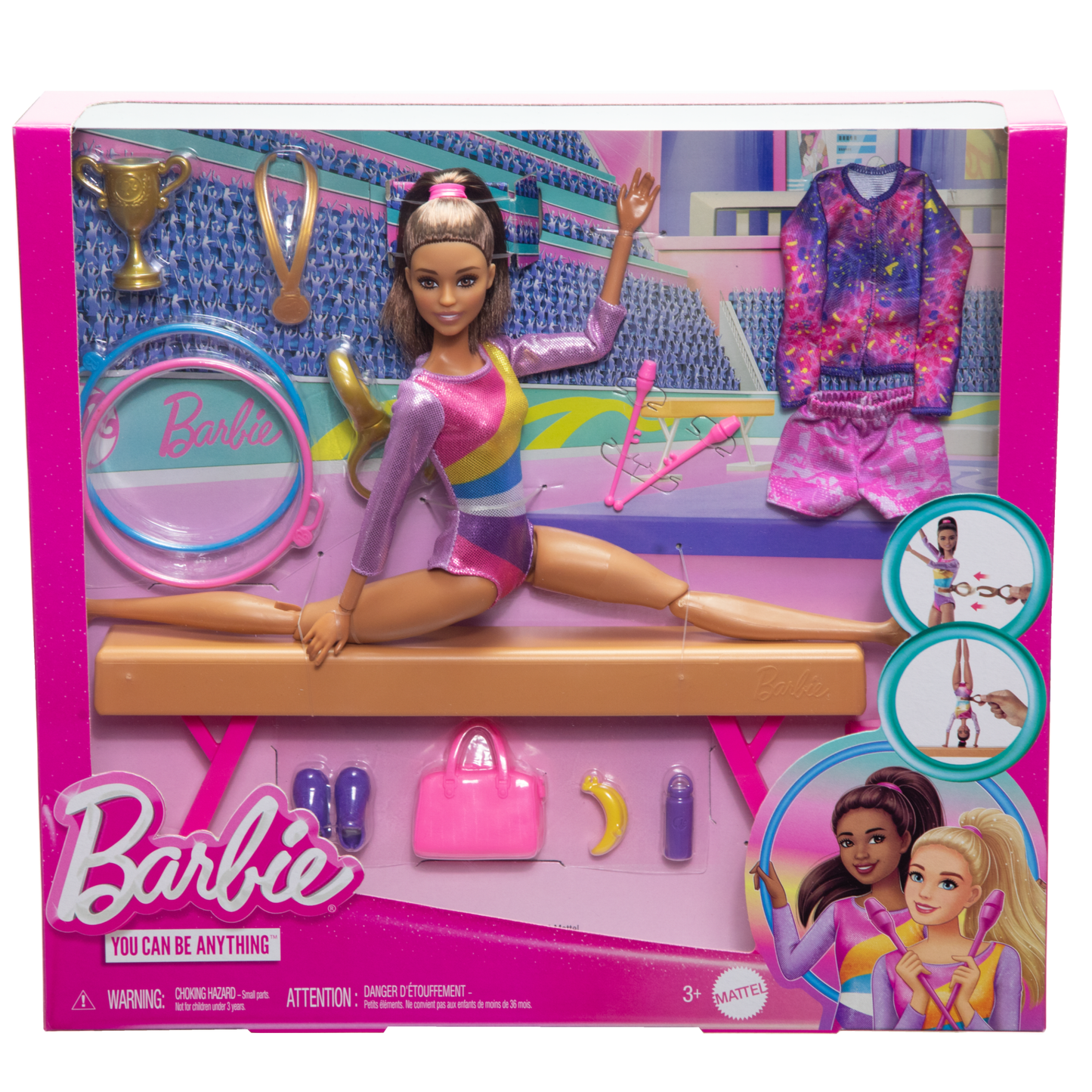 Barbie Coffret de Jeu Gymnaste, Poup¨¦e Mode, Brunette, 10Accessoires